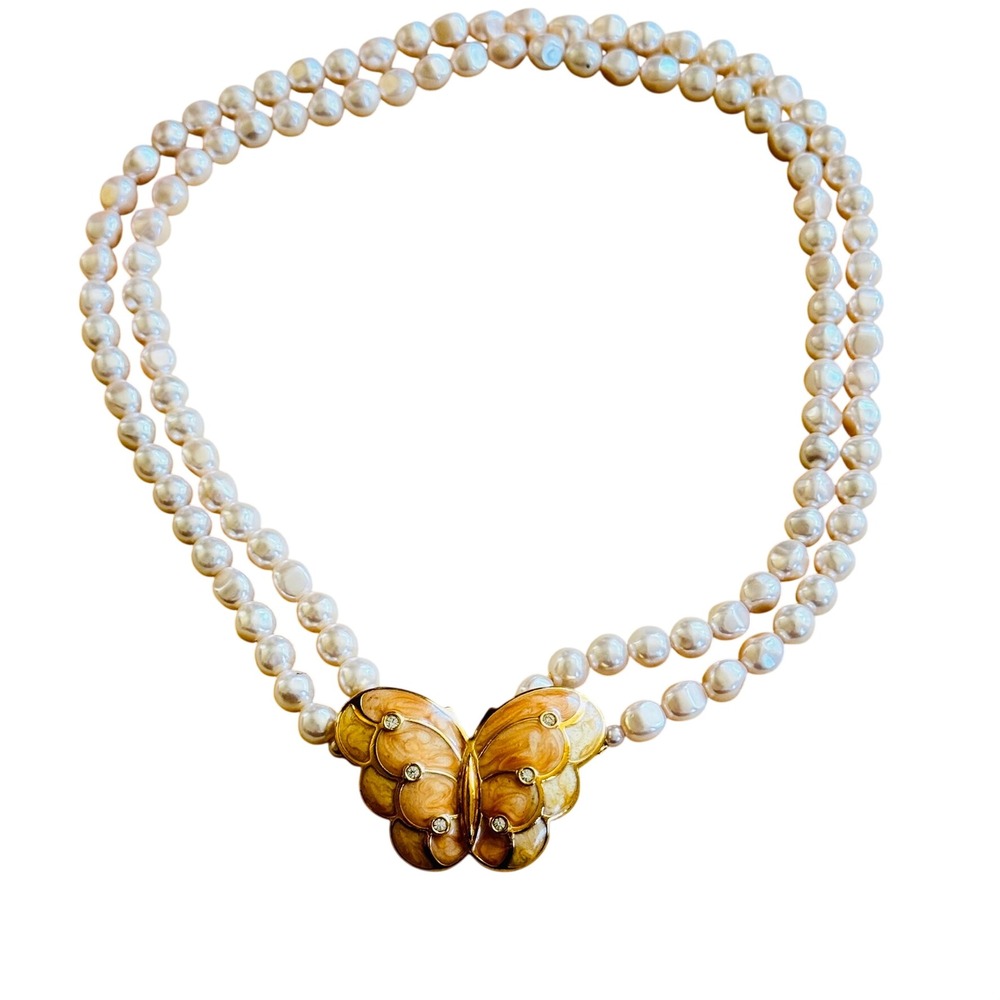 KJL Kenneth Jay Lane Avon Butterfly Necklace VTG Pearl double Strand Whimsical